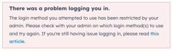 screenshot of error showing when user tries to use a login method that has been restricted