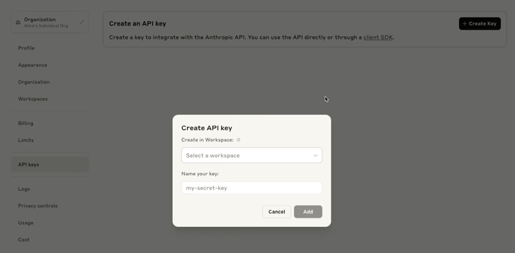 screenshot of how to retrieve API key in Anthropic