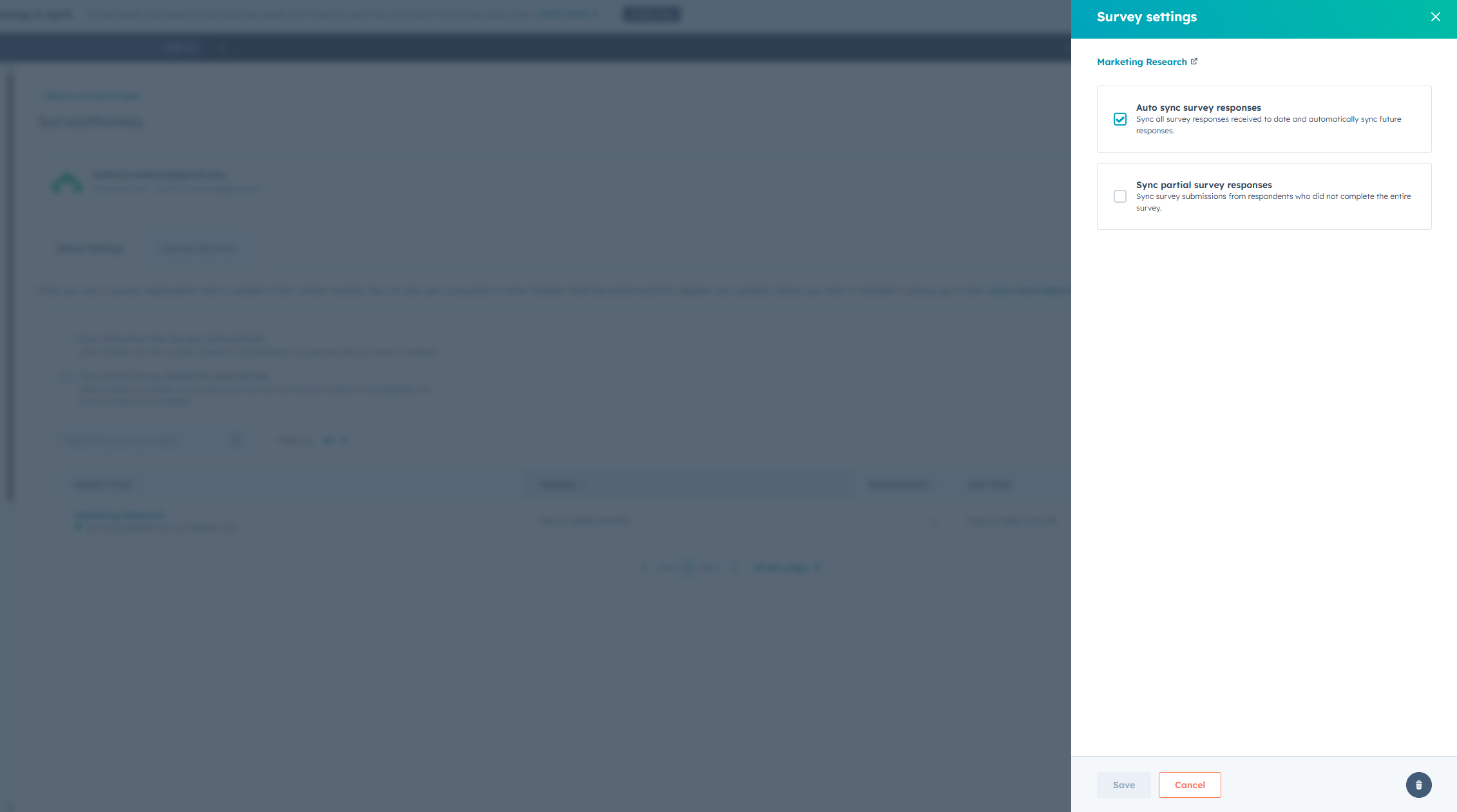 screenshot of invidual sync settings for SurveyMonkey survey