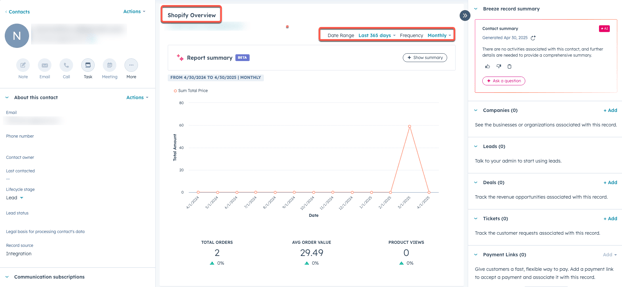 screenshot of shopify CRM card on contact record 