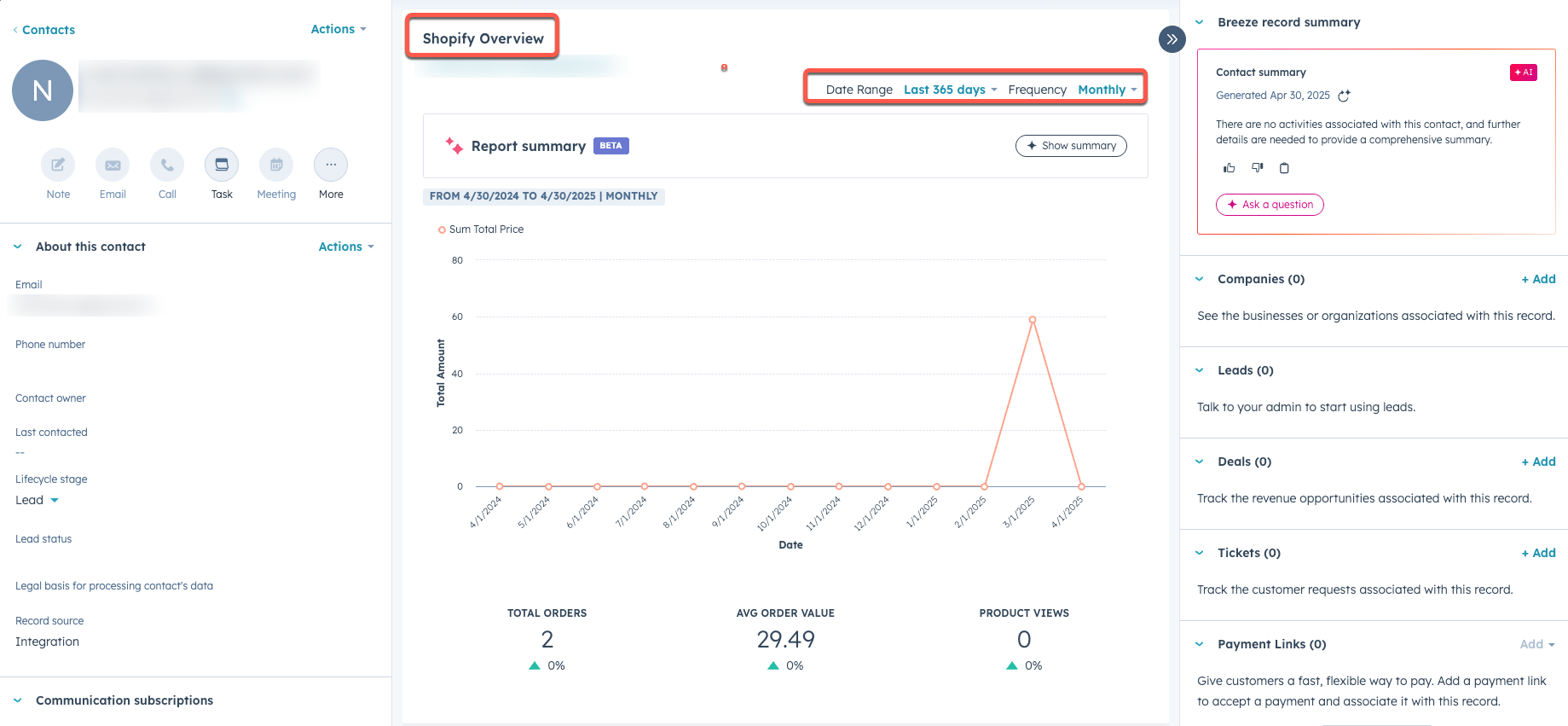 screenshot of shopify CRM card on contact record 