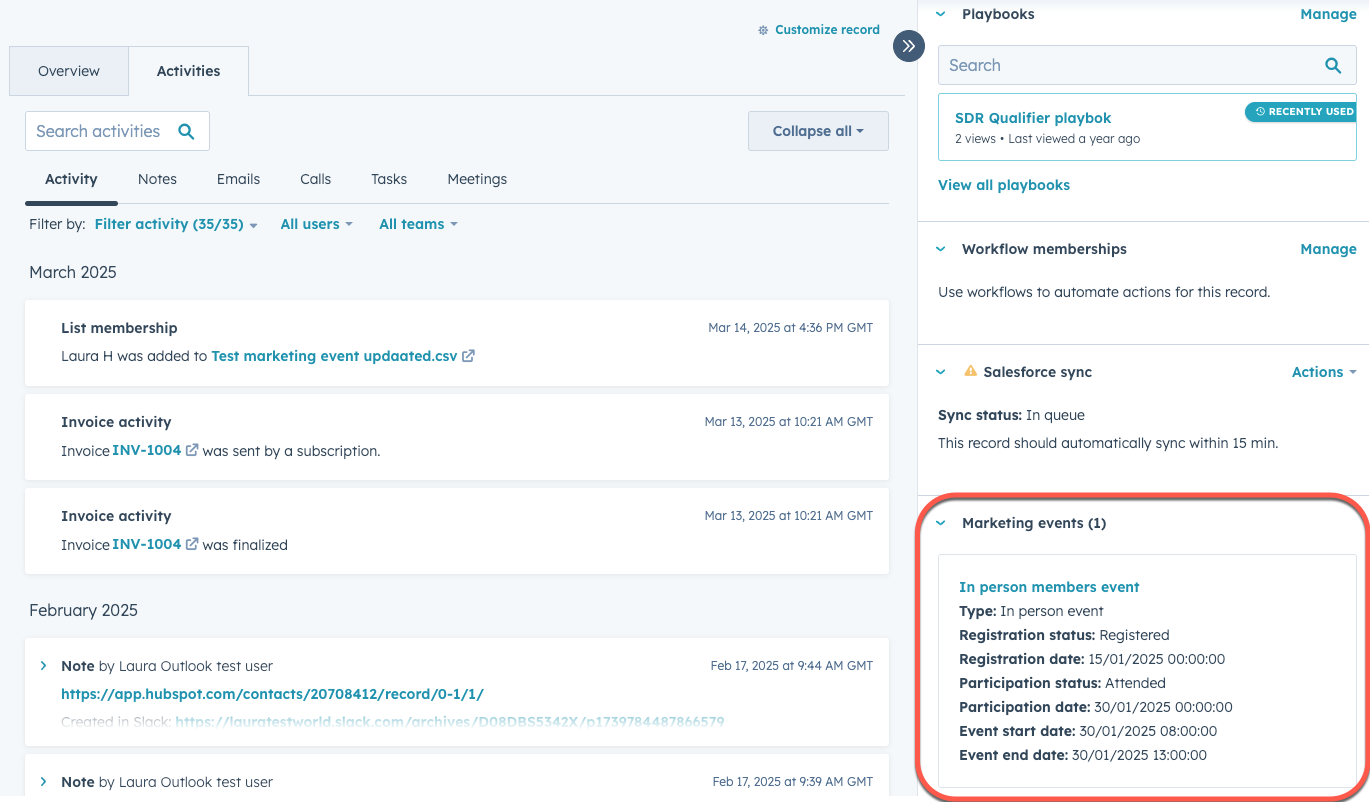 screenshot of viewing marketing events card on contact record in HubSpot