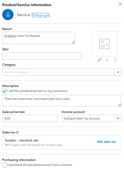 QuickBooks Online service details for 'HubSpot Sales Tax Payable'.