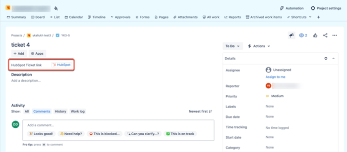 screenshot showing HubSpot ticket link in JIRA