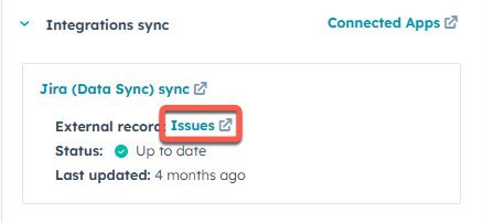 screenshot showing Jira (Data Sync) card on ticket record in HubSpot