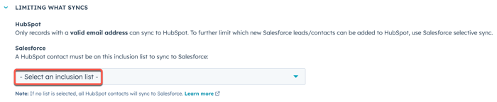 screenshot showing Limiting What Syncs section in Salesforce integration settings