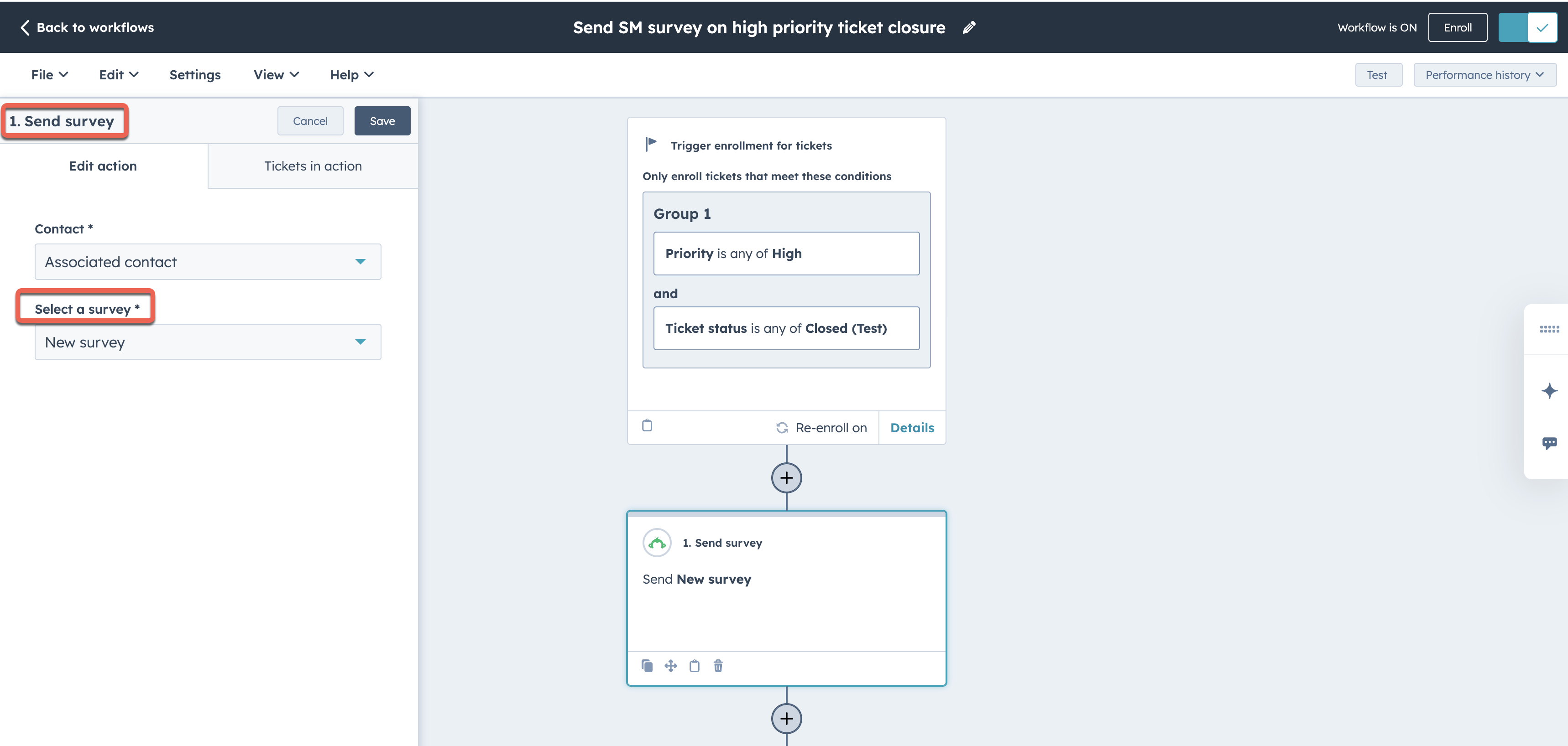 screenshot showing Send SurveyMonkey survey via workflow