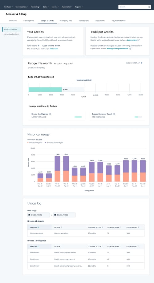 screenshot showing Usage & Limits page with HubSpot Credit usage