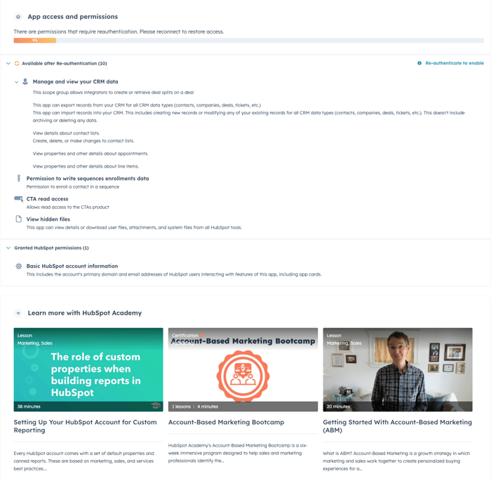 screenshot showing app permissions and HubSpot academy videos on app-specific overview in HubSpot