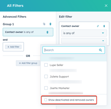 screenshot showing deactivated removed users filter