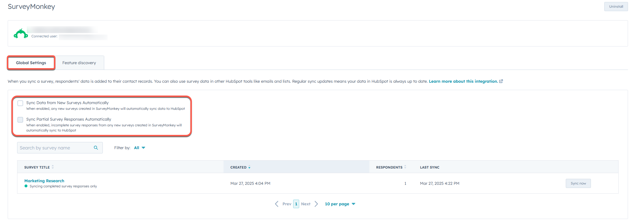 screenshot showing global sync settings for SurveyMonkey integration