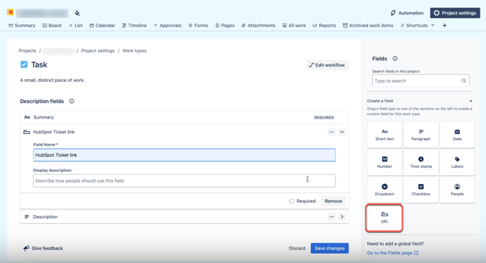 screenshot showing how to create URL field in JIRA