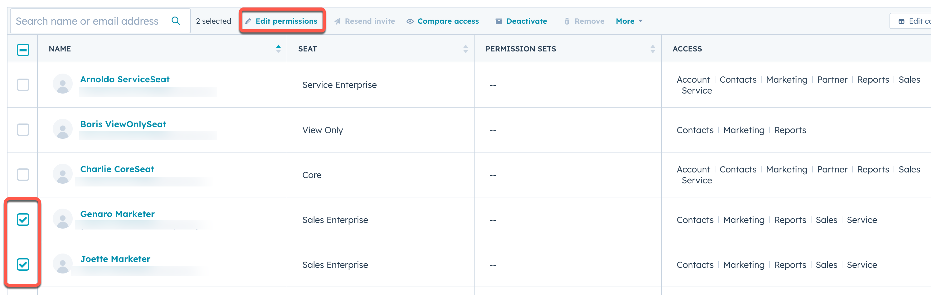 screenshot showing how to edit permissions for multiple users at once in HubSpot
