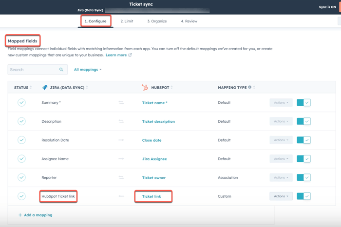 screenshot showing how to set up custom mapping for JIRA Data Sync