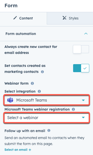 screenshot showing how to use a HubSpot form for MS Teams webinar registration-1