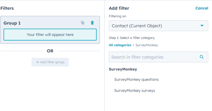 screenshot showing list filters for SurveyMonkey in HubSpot