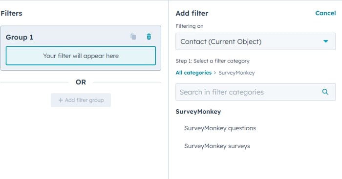 Capture d’écran des filtres de liste pour SurveyMonkey dans HubSpot