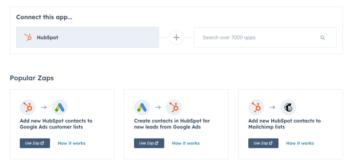 captura de pantalla que muestra Zaps populares que se pueden crear en HubSpot