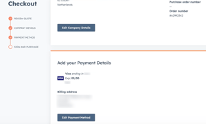 screenshot showing stored credit card details in checkout experience in HubSpot-2