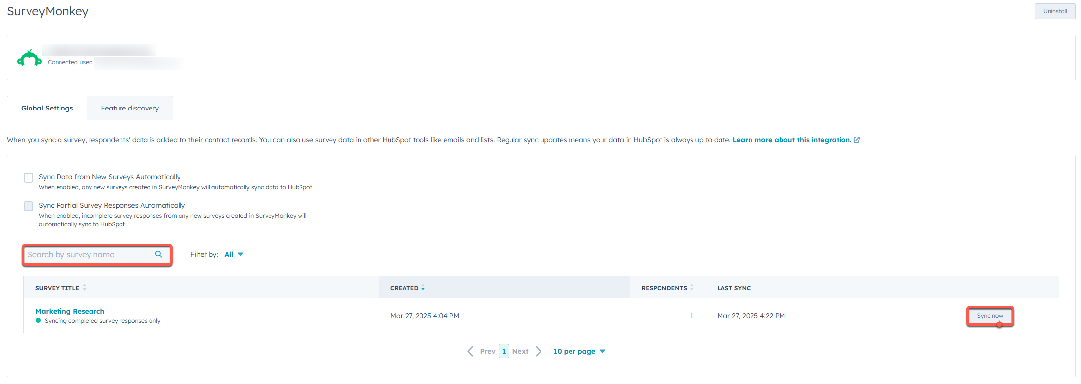 screenshot showing sync now button for SurveyMonkey survey