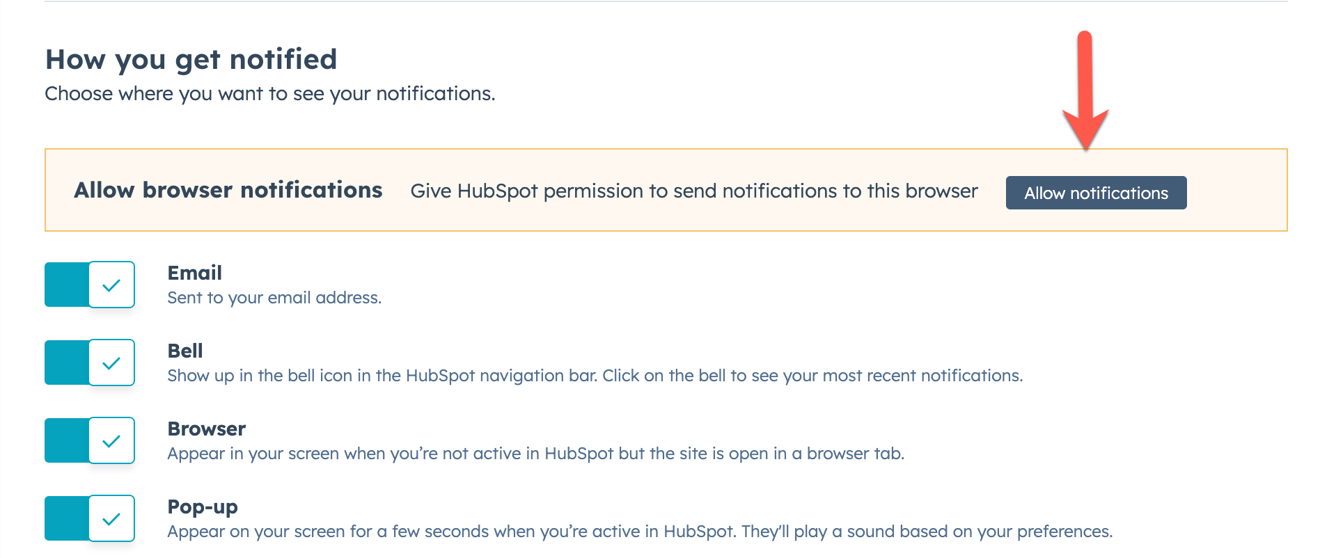 screenshot showing the Allow Notification button to allow HubSpot to display browser notifications