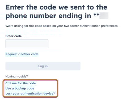 HubSpot login screen, showing the option to start a two-factor authentication reset.