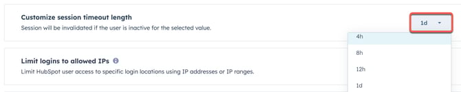 captura de pantalla que muestra el menú desplegable para personalizar la duración del tiempo de espera de la sesión en HubSpot