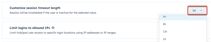 screenshot showing the dropdown menu to customize the session timeout length in HubSpot