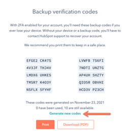 screenshot showing option to generate new codes for 2FA