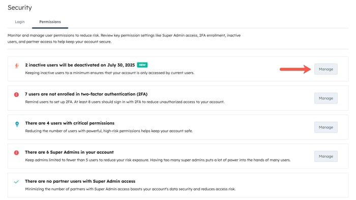 Screenshot showing the Manage button to manage inactive users in the account