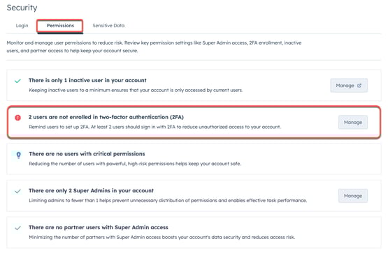 screenshot showing a security measure that needs reviewing in HubSpot