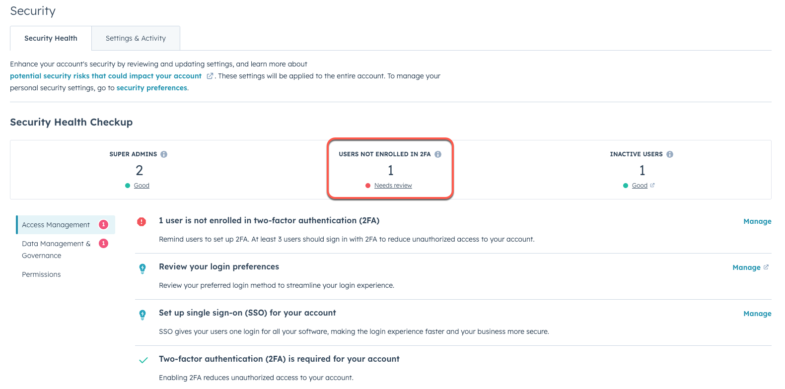 screenshot of Security Health Checkup showing the number of users not enrolled in 2FA