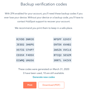 Screenshot showing security verification backup codes