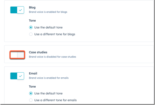 Channel-specific settings for brand voice in HubSpot, showing the option to turn off or set a different tone for the blog channel.