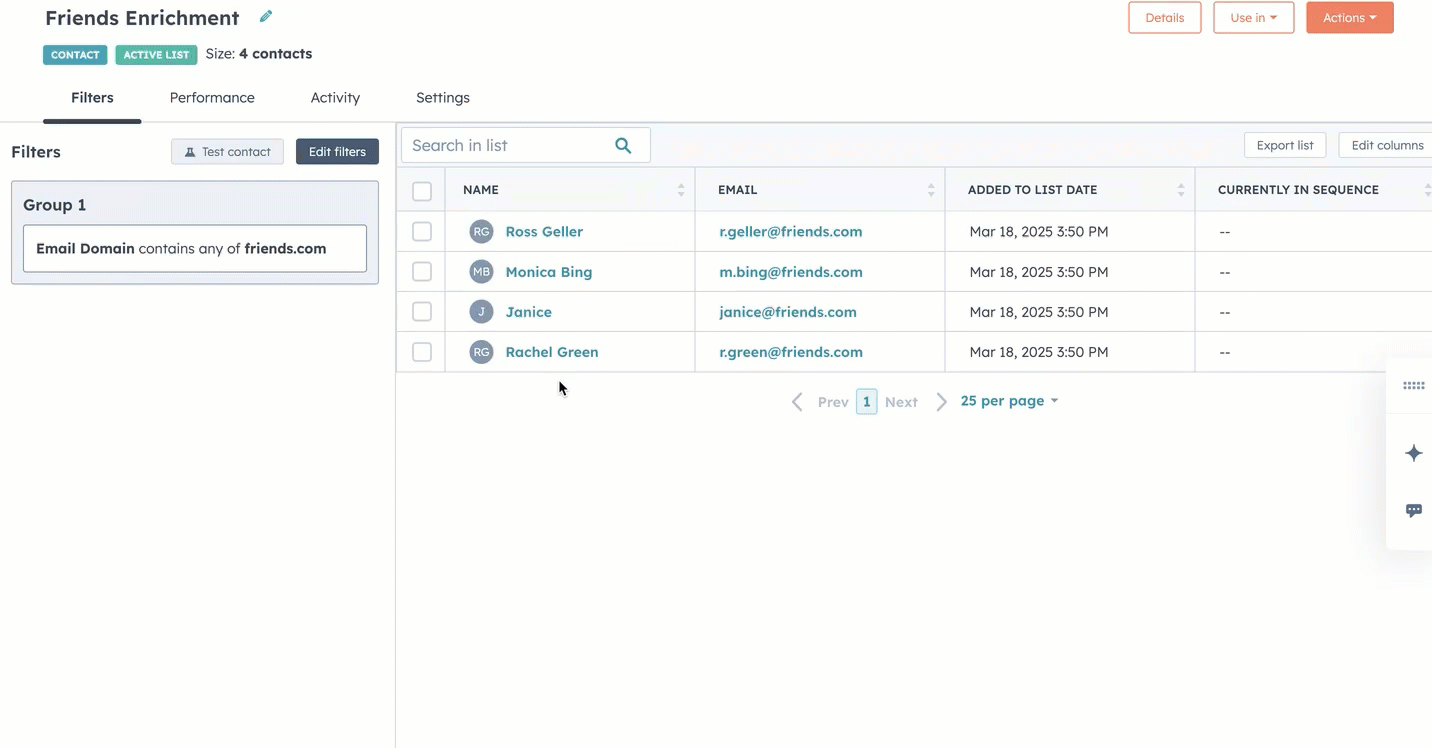 GIF of a list. The user selects a few contacts, clicks a button labeled "more" at the top of the table, then selects "set as marketing".