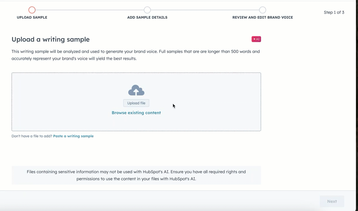 A GIF showing the process of selecting an existing blog post as a writing sample to generate a brand voice in HubSpot settings.