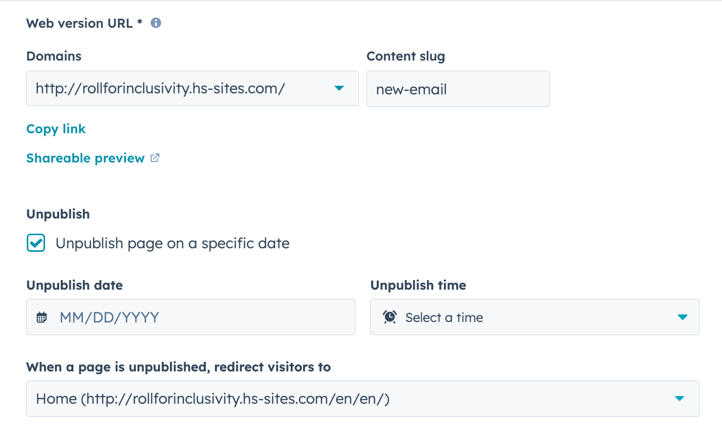 Web version URL section of the Setup tab, with the unpublishing settings displayed.