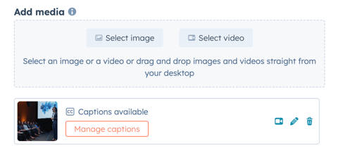 Social composer, showing the options to select an image, select a video, and manage video captions.