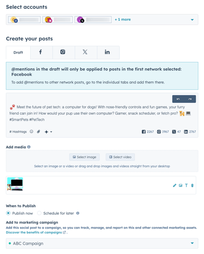 Social composer showing options to draft a social post for multiple social accounts.
