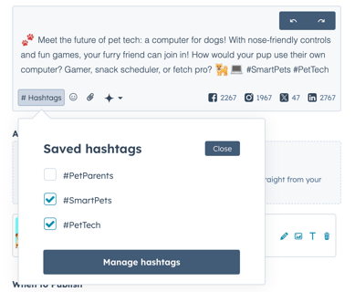 Social composer showing options to save and manage hashtags.