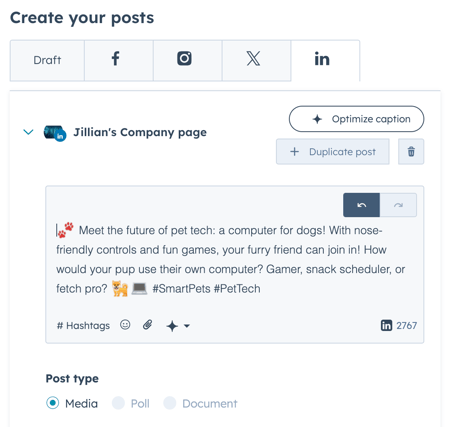 Social composer showing options to draft a social post for multiple connected accounts.