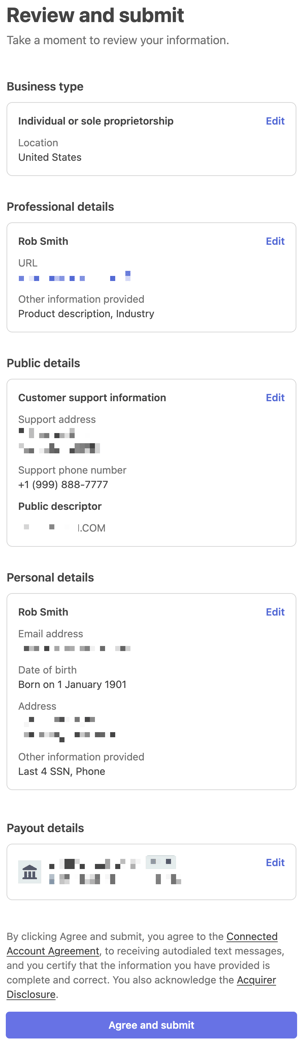 Uma captura de tela mostrando a etapa Revisar e enviar do processo de configuração do Stripe.