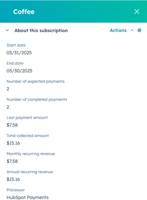 A screenshot showing the About this subscription menu on an active HubSpot subscription, accessed from the subscriptions index page in HubSpot