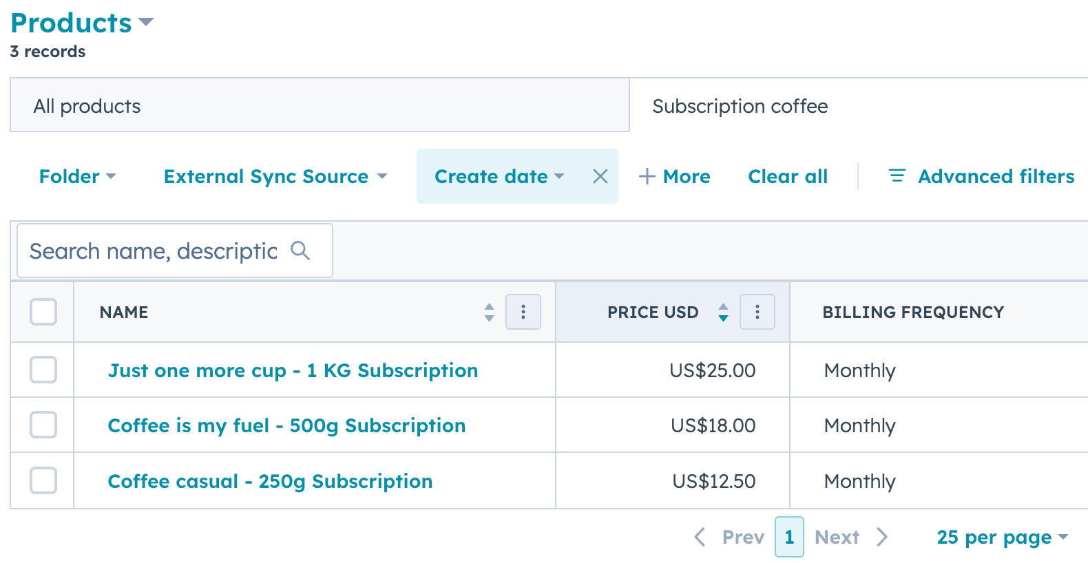 HubSpot product library showing three coffee subscription products with names, prices, and recurring billing frequencies listed.