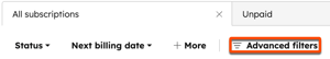 Screenshot of Advanced filters button on the subscriptions index page in HubSpot.