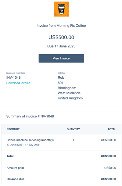 Example of a HubSpot subscription invoice for a delayed payment with the total due on the specified billing date.