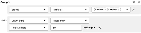 Screenshot of filters for canceled or expired subscriptions within the last 60 days