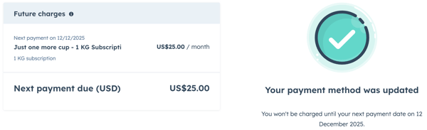 Confirmation page in HubSpot confirming the updated subscription payment method.