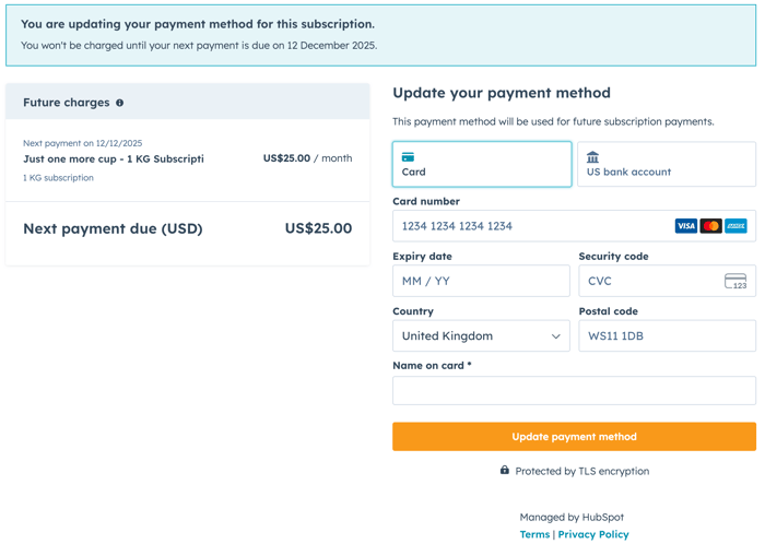 HubSpot subscription update payment method page where the customer reviews subscription details and enters a new payment method.