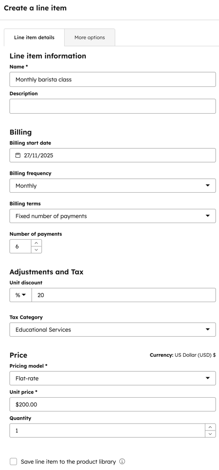Editor de item de linha personalizado em uma assinatura, incluindo campos de cobrança, imposto, preço e quantidade.